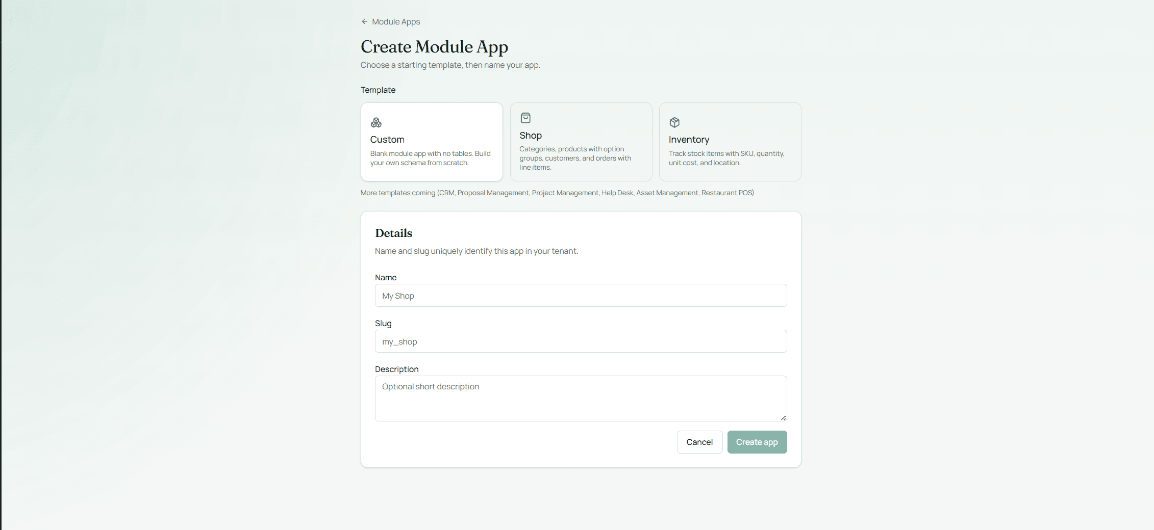 Module apps workspace with tables and navigation